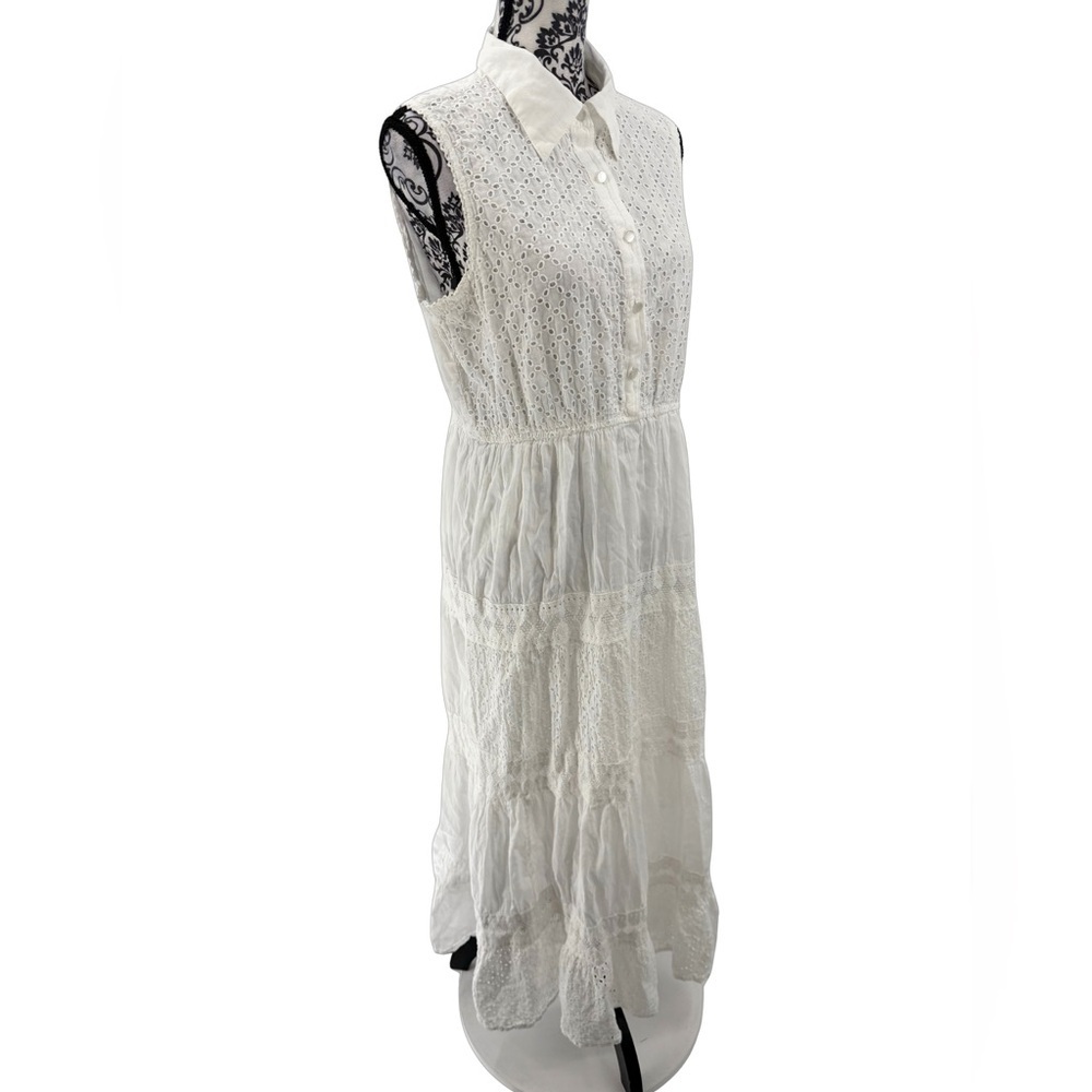 Magic White Eyelet Maxi Dress Collared Button Front Tiered Lace Boho Cottagecore - Picture 8 of 11